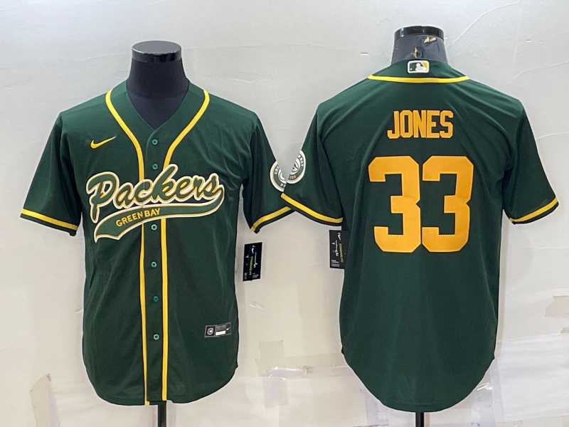 Men%27s Green Bay Packers #33 Aaron Jones Green Yellow With Patch Cool Base Stitched Baseball Jersey->green bay packers->NFL Jersey
